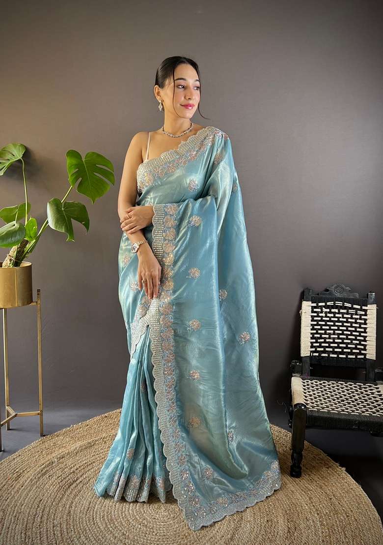Blue Embroidered Silk Saree Set for Diwali and Festive Wear - Indya
