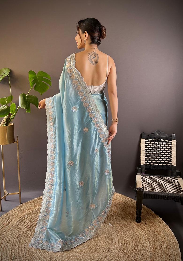 Blue Embroidered Silk Saree Set