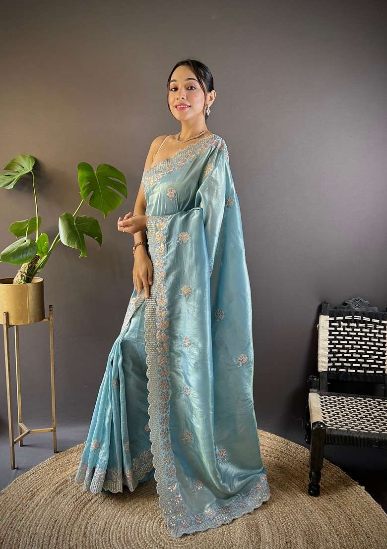 Blue Embroidered Silk Saree Set for Diwali and Festive Wear - Indya