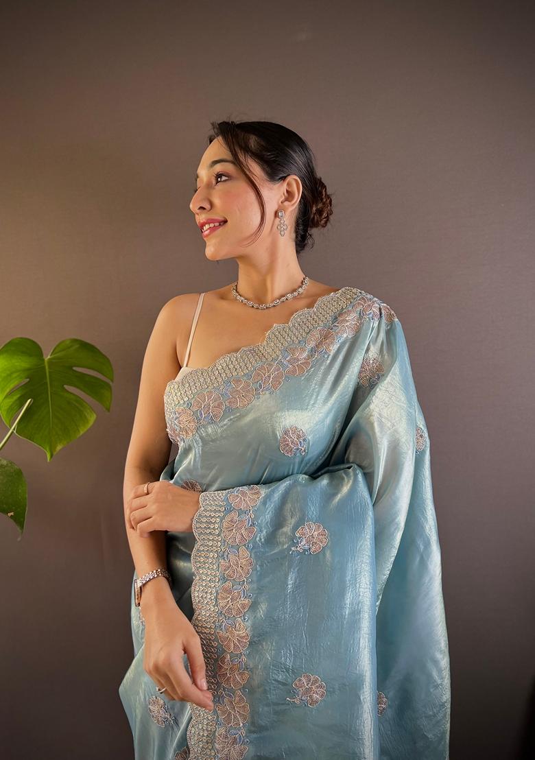 Blue Embroidered Silk Saree Set