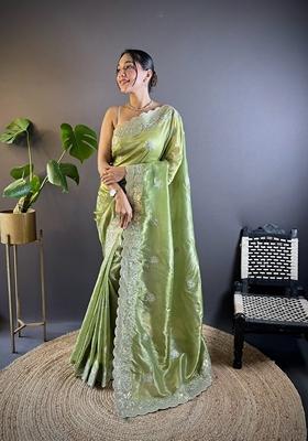 Green Embroidered Silk Saree Set