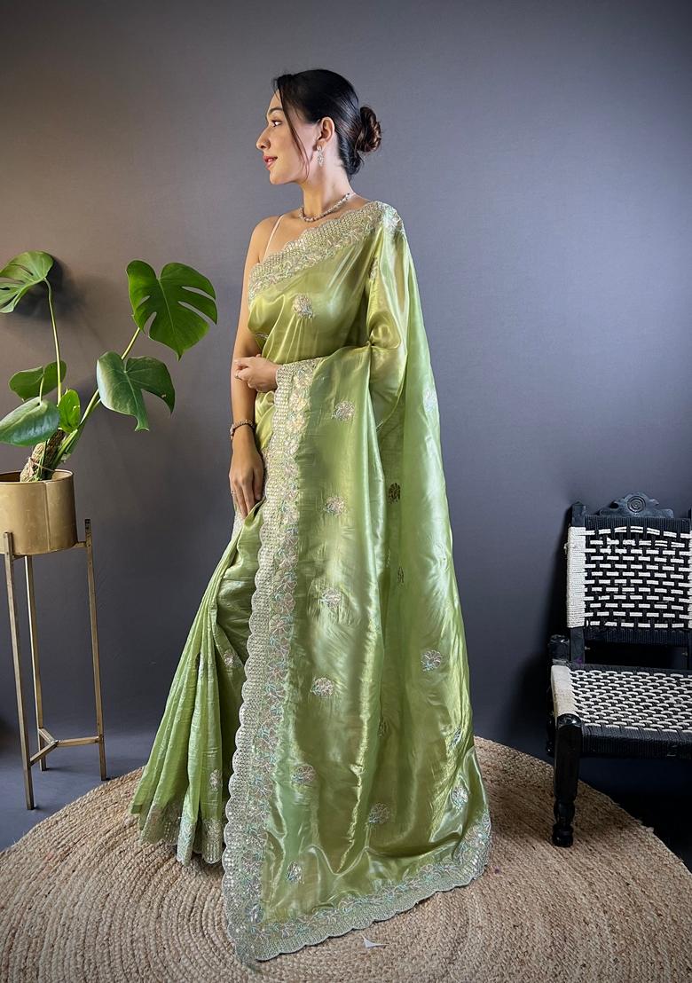 Green Embroidered Silk Saree Set