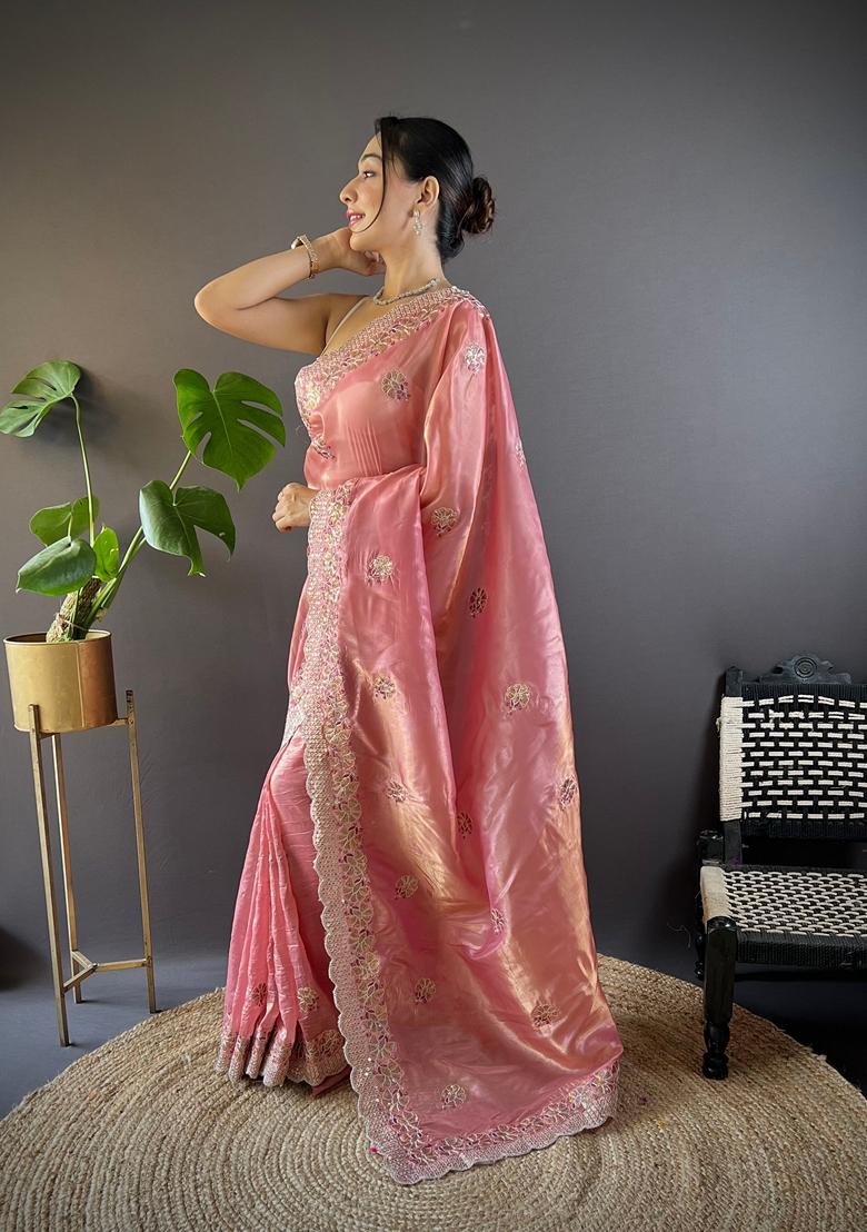 Pink Embroidered Silk Saree Set