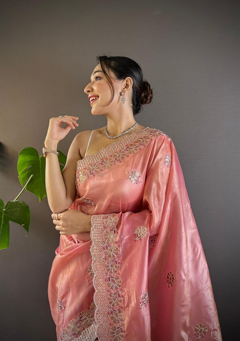 Pink Embroidered Silk Saree Set