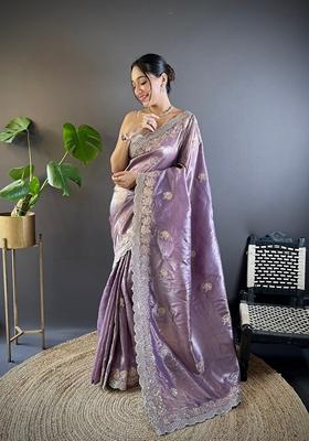 Purple Embroidered Silk Saree Set