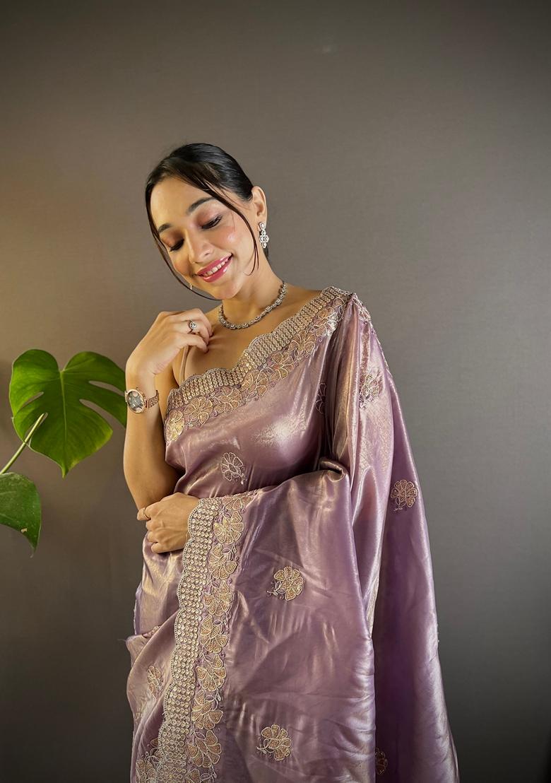 Purple Embroidered Silk Saree Set