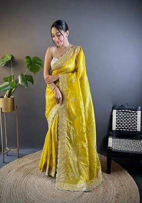 Yellow Embroidered Silk Saree Set