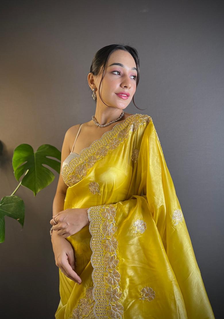Yellow Embroidered Silk Saree Set