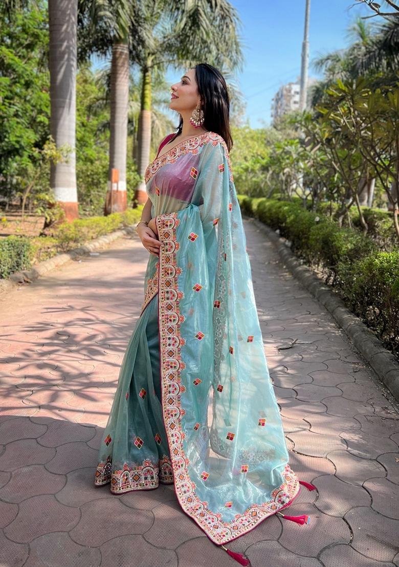 Blue Embroidered Silk Saree Set