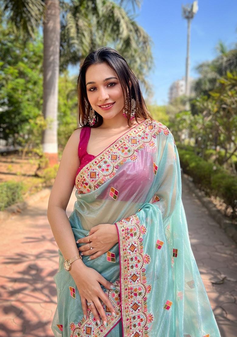 Blue Embroidered Silk Saree Set