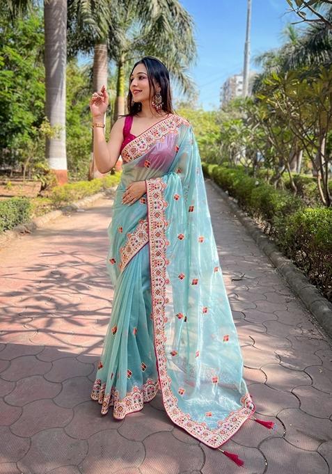 Blue Embroidered Silk Saree Set