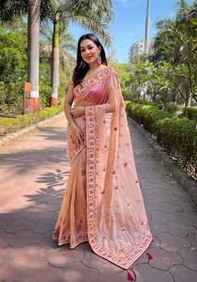 Peach Embroidered Silk Saree Set