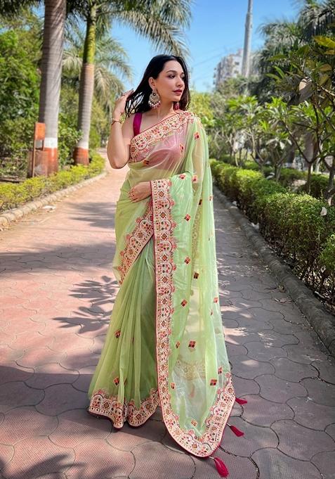 Green Embroidered Silk Saree Set