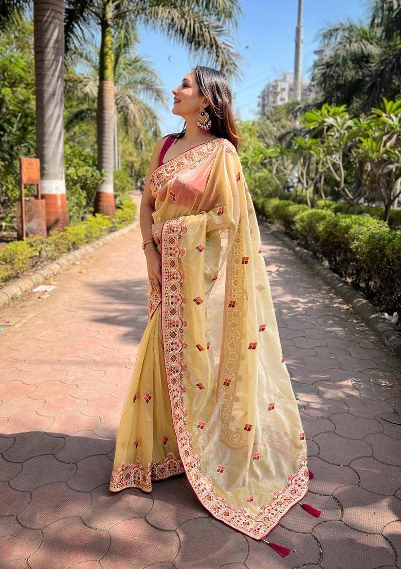 Yellow Embroidered Silk Saree Set