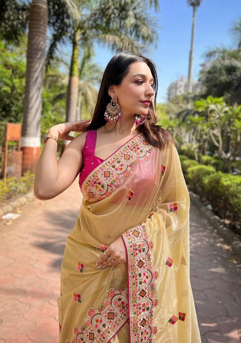 Yellow Embroidered Silk Saree Set