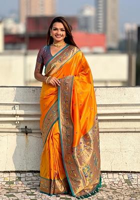 Orange Woven Silk Saree Set