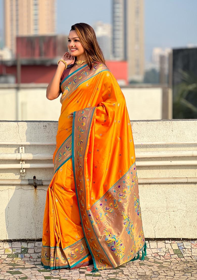 Orange Woven Silk Saree Set