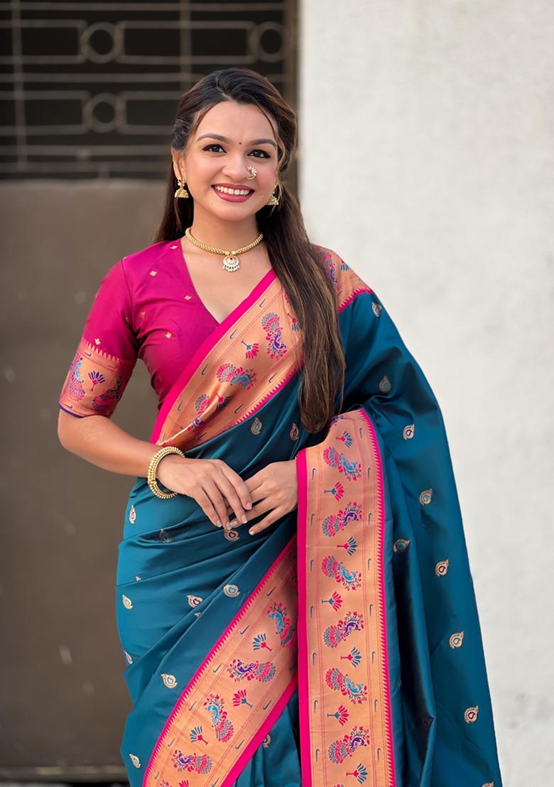 Blue Woven Silk Saree Set