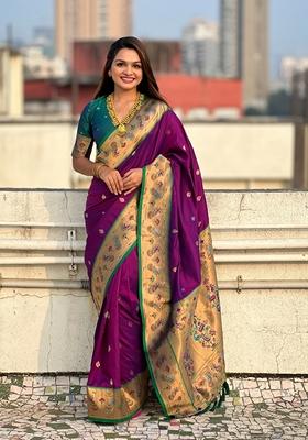 Purple Woven Silk Saree Set