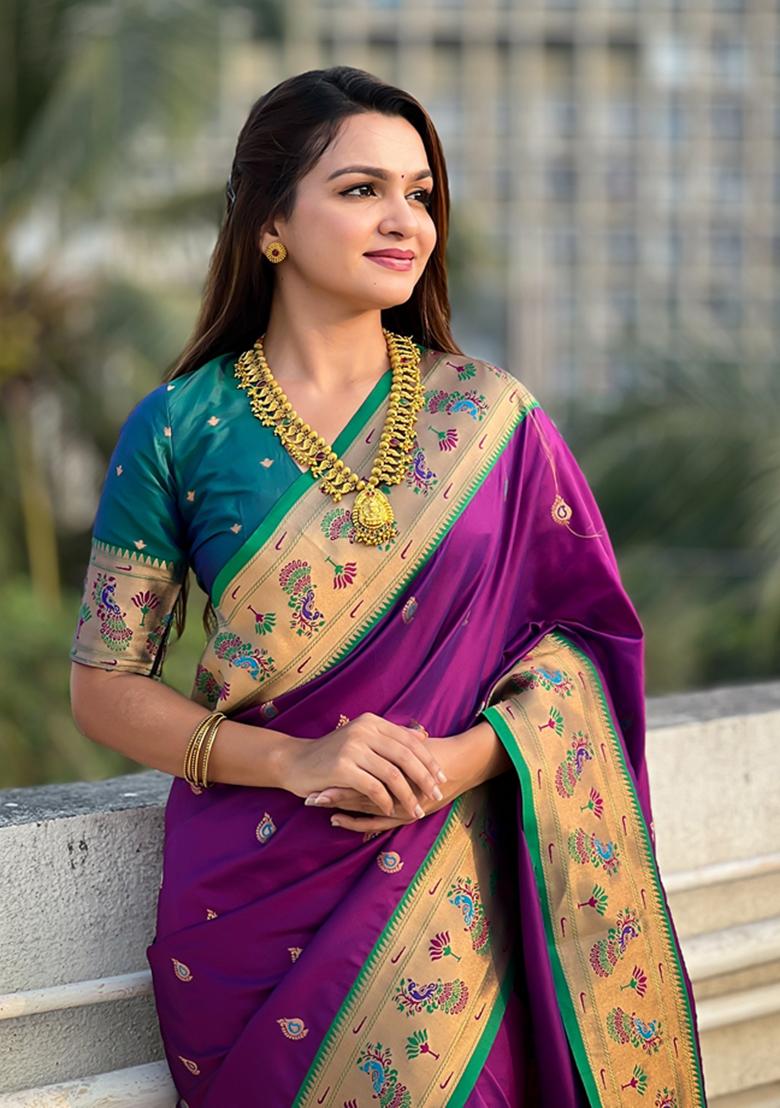 Purple Woven Silk Saree Set
