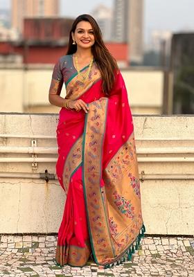 Red Woven Silk Saree Set