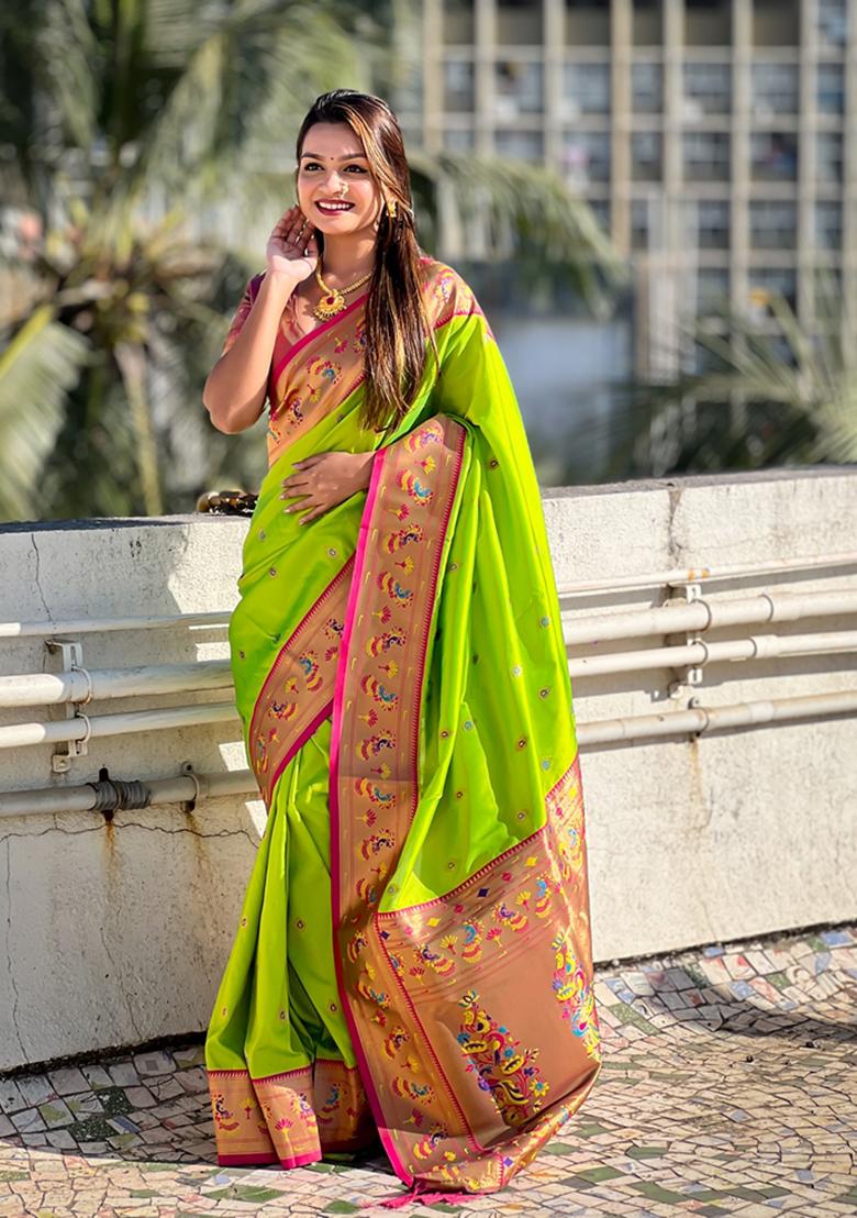 Green Woven Silk Saree Set