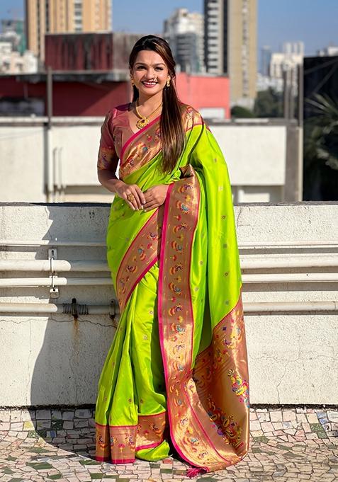 Green Woven Silk Saree Set
