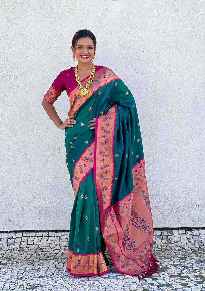 Blue Woven Silk Saree Set