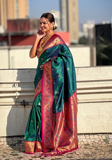 Blue Woven Silk Saree Set