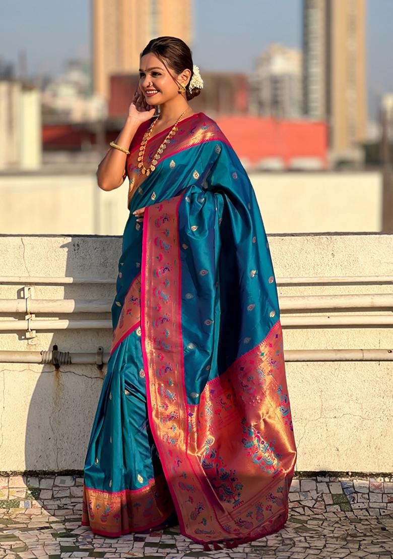 Blue Woven Silk Saree Set