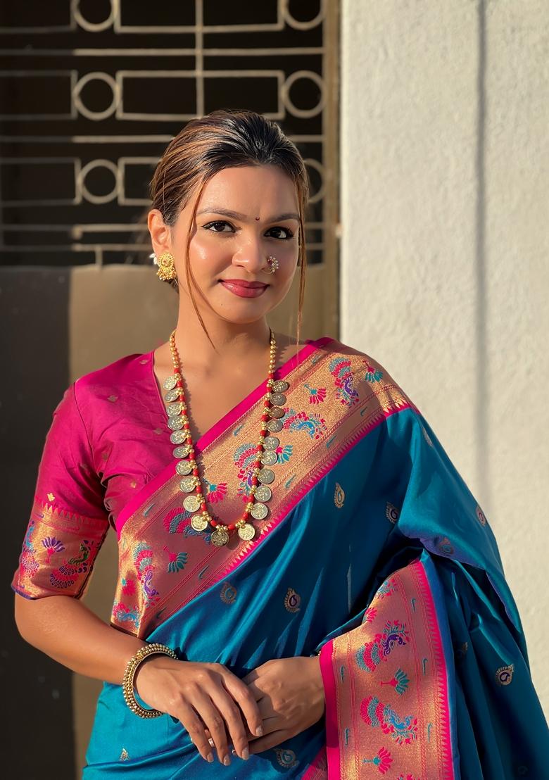 Blue Woven Silk Saree Set