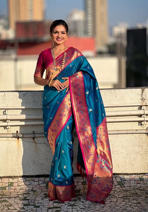 Blue Woven Silk Saree Set