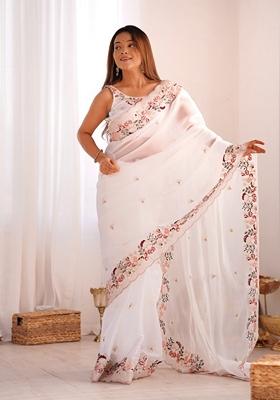 White Embroidered Silk Saree Set