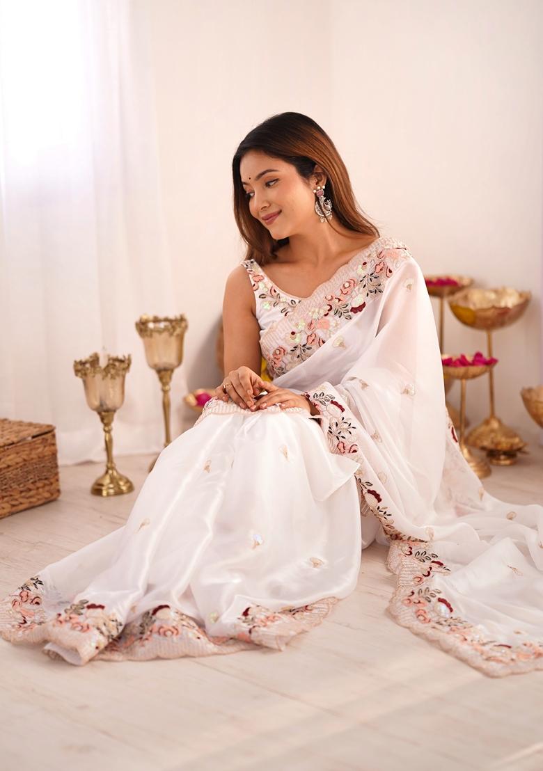 White Embroidered Silk Saree Set