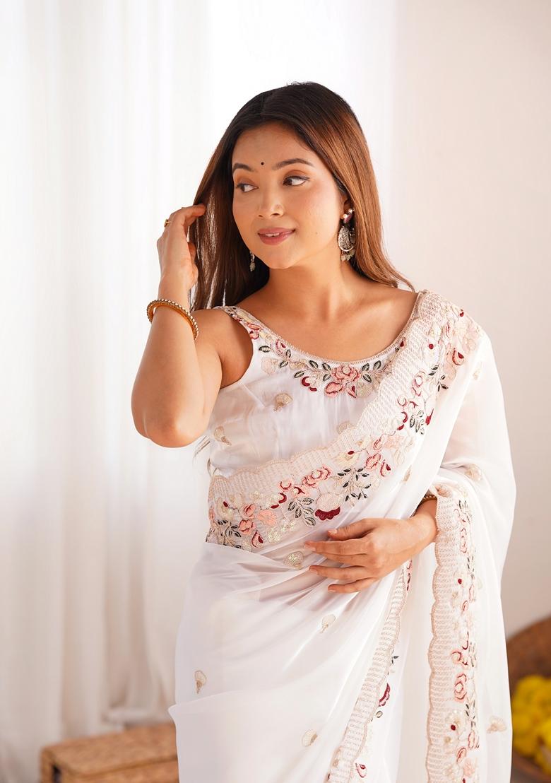 White Embroidered Silk Saree Set