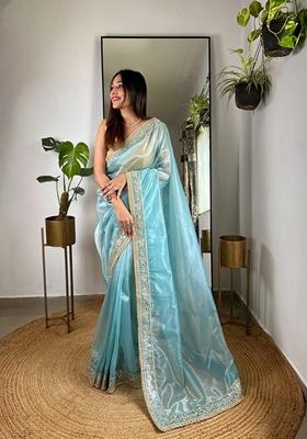 Blue Embroidered Silk Saree Set