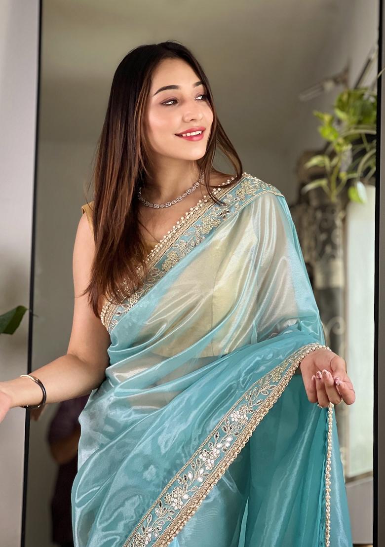 Blue Embroidered Silk Saree Set