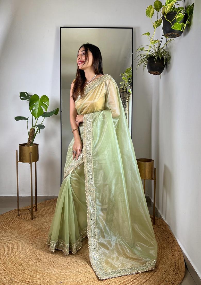 Green Embroidered Silk Saree Set