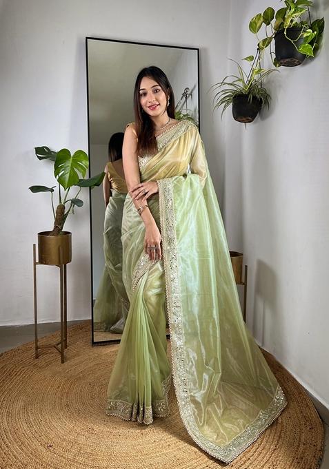 Green Embroidered Silk Saree Set