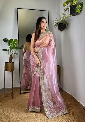 Pink Embroidered Silk Saree Set