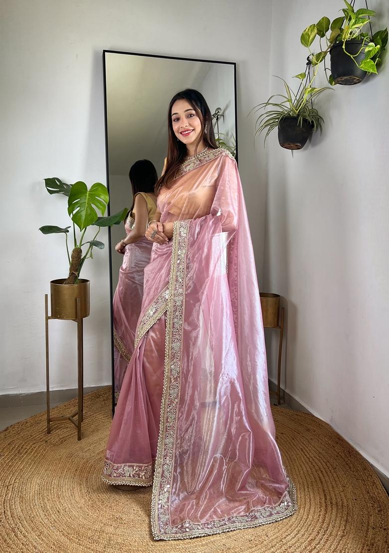 Pink Embroidered Silk Saree Set