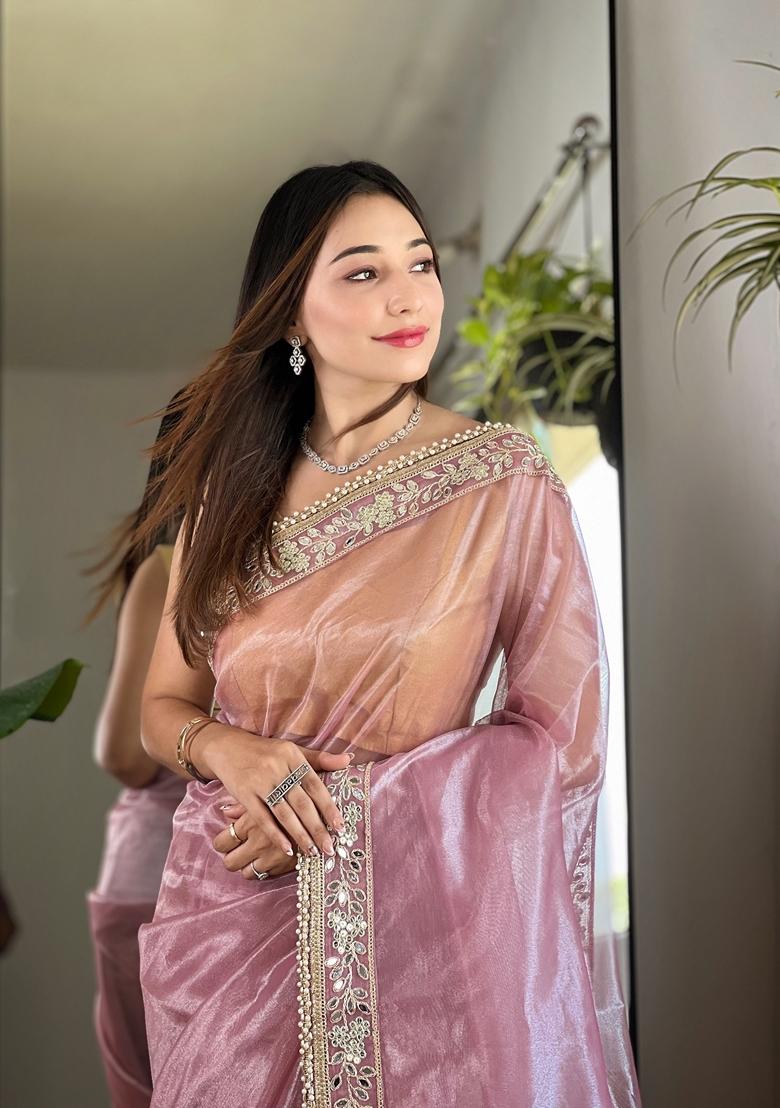 Pink Embroidered Silk Saree Set