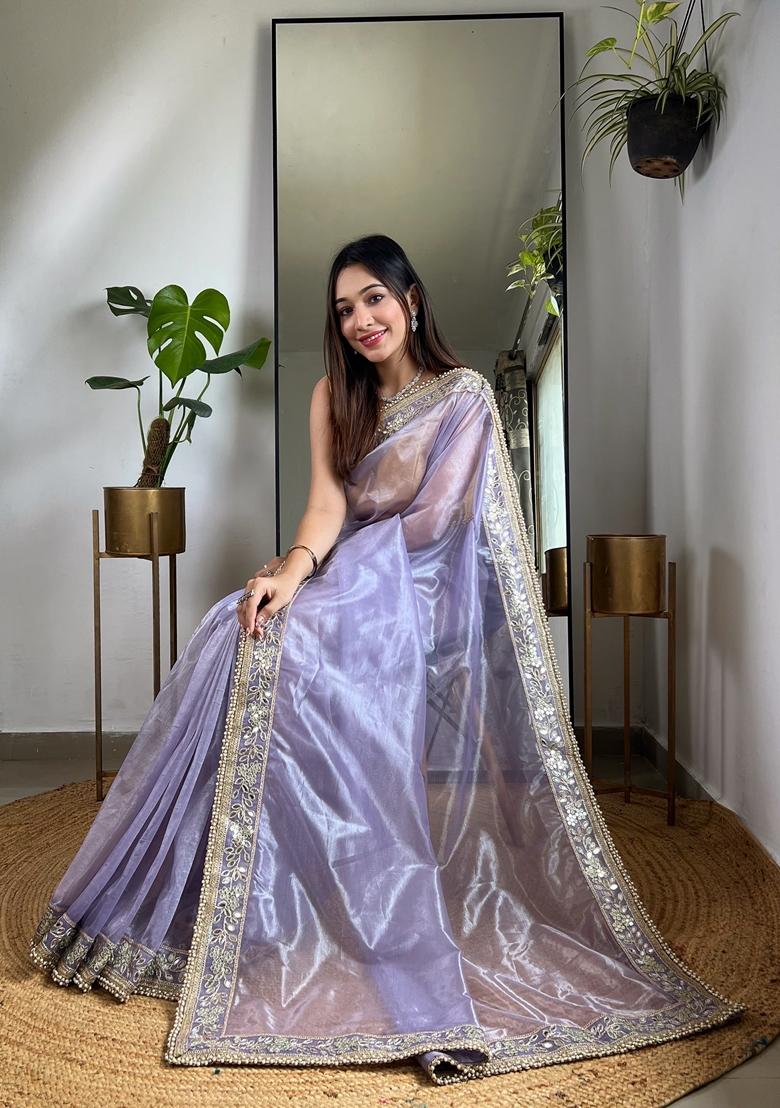Purple Embroidered Silk Saree Set