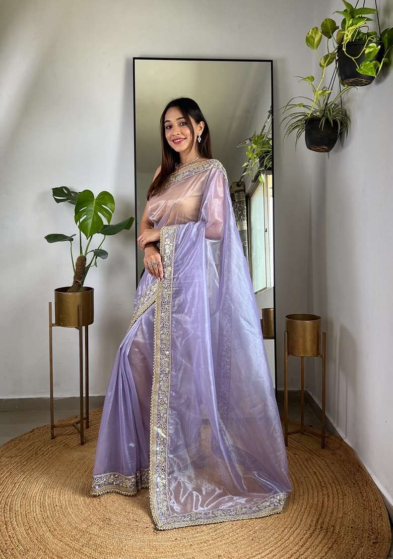 Purple Silk Saree Set with Embroidered for Diwali | Wedding & Festive Wear - Indya