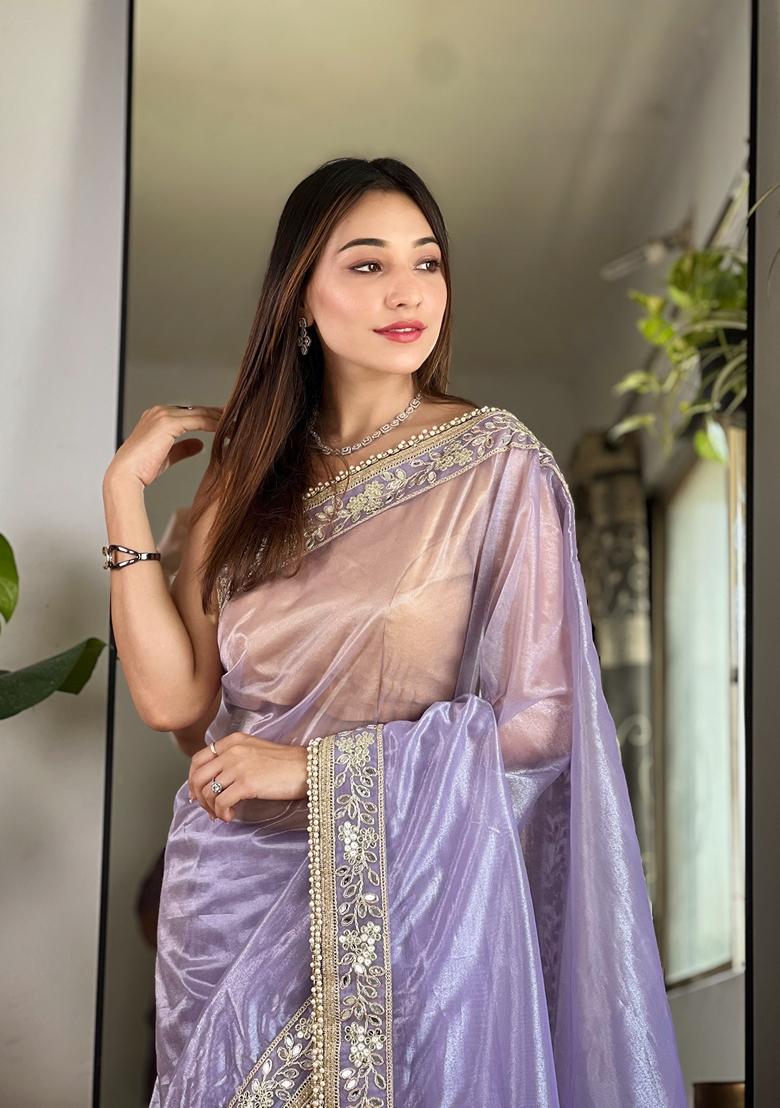 Purple Embroidered Silk Saree Set