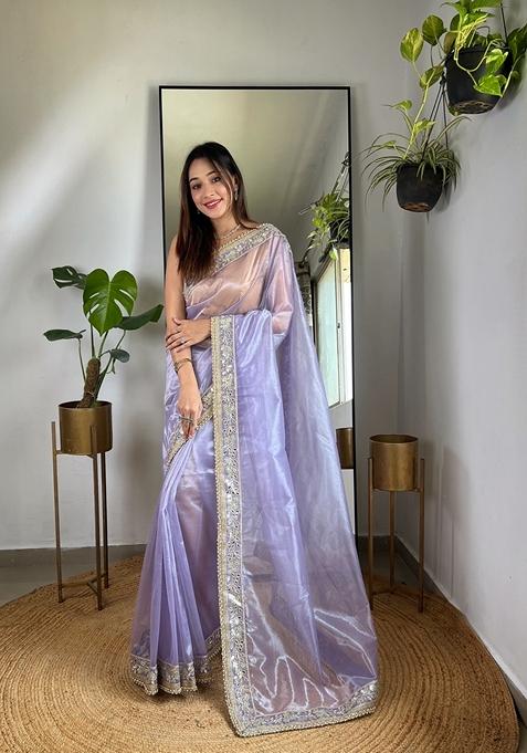 Purple Embroidered Silk Saree Set