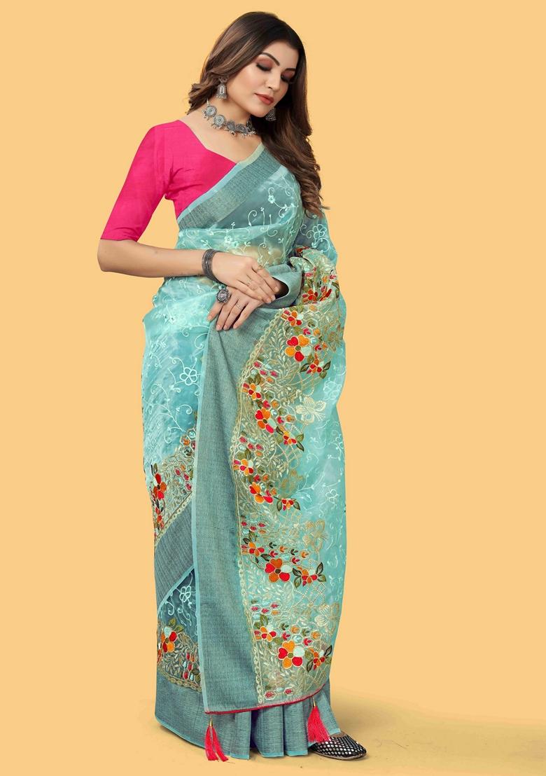 Blue Embroidered Organza Saree Set