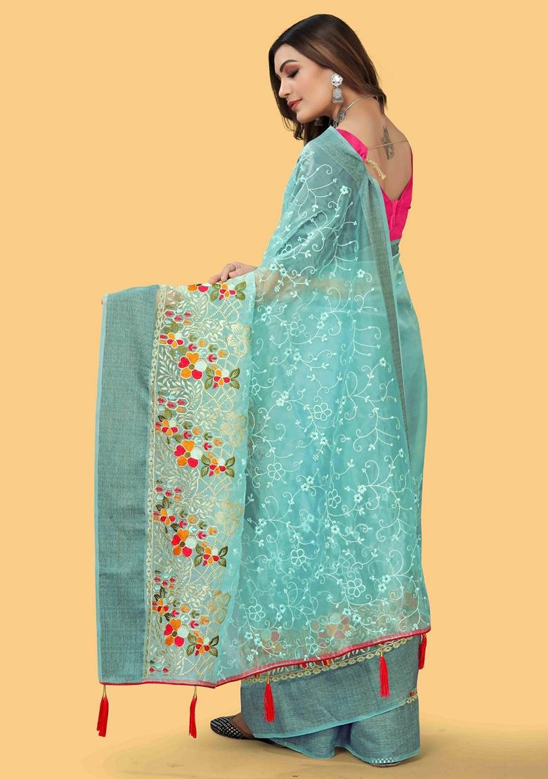 Blue Embroidered Organza Saree Set