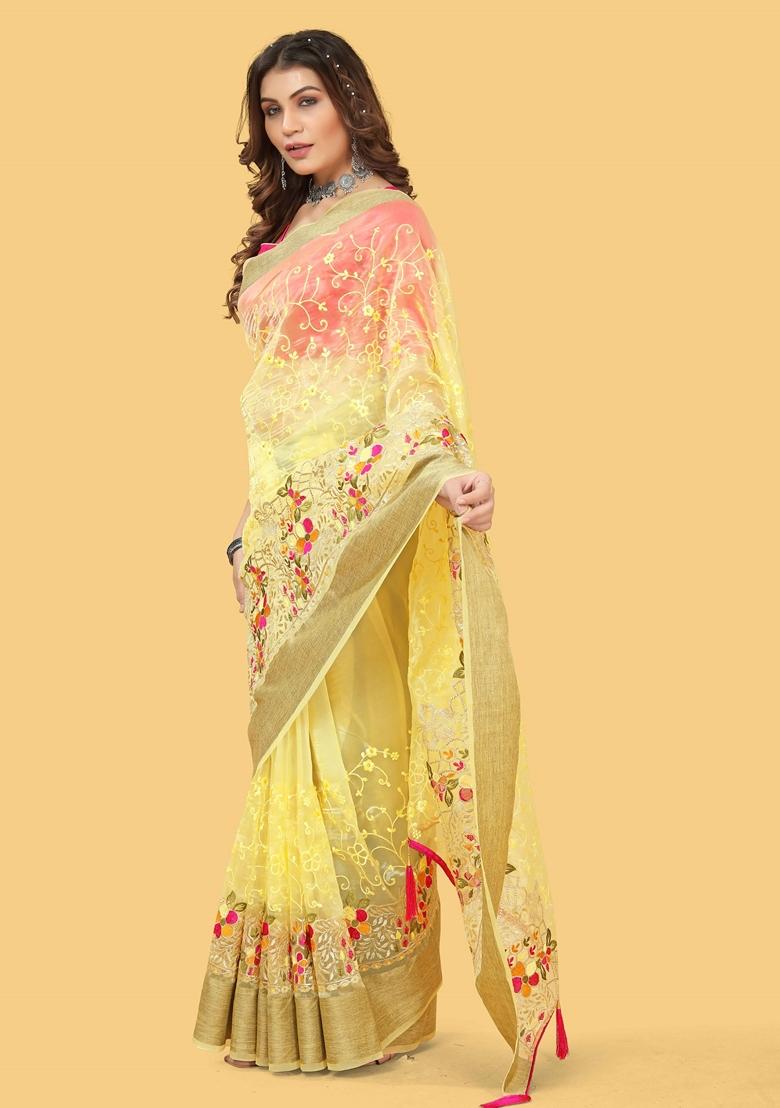 Yellow Embroidered Organza Saree Set