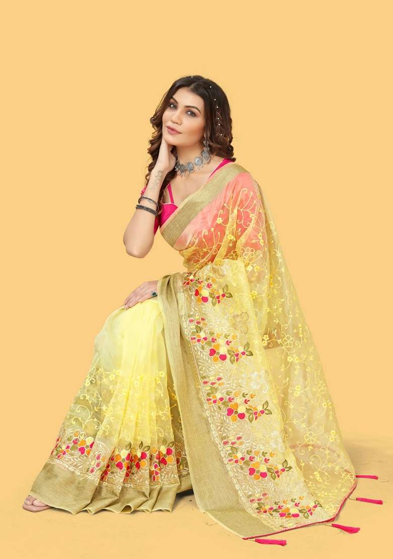 Yellow Embroidered Organza Saree Set for Diwali and Festive Wear - Indya